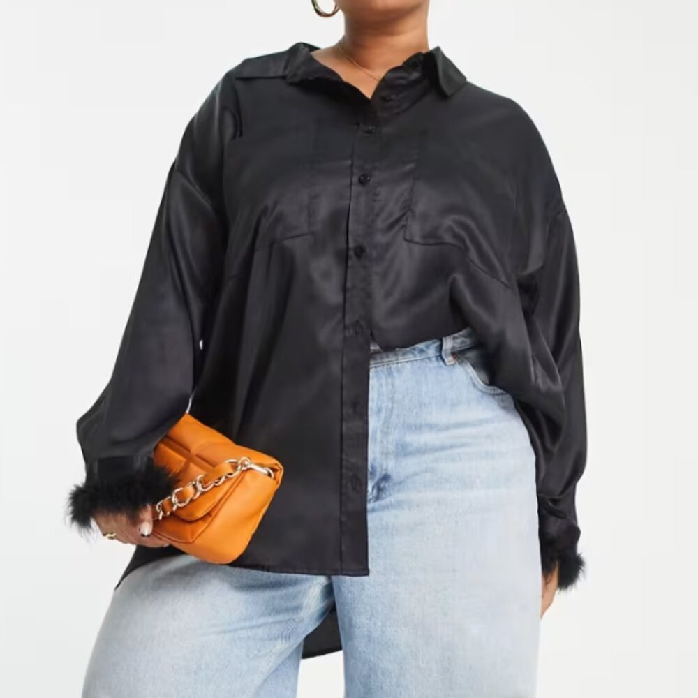 Yours satin shirt with faux fur cuff trim in black